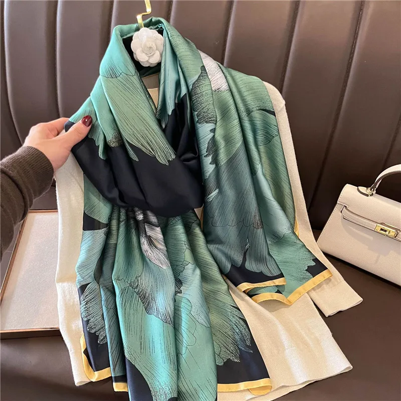 2022 Fashion Brand Women Silk Scarf Luxury Dark Green Aztec Floral Pashmina Shawls Wrap Soft Foulard Femme Muslim Hijab 180*90Cm
