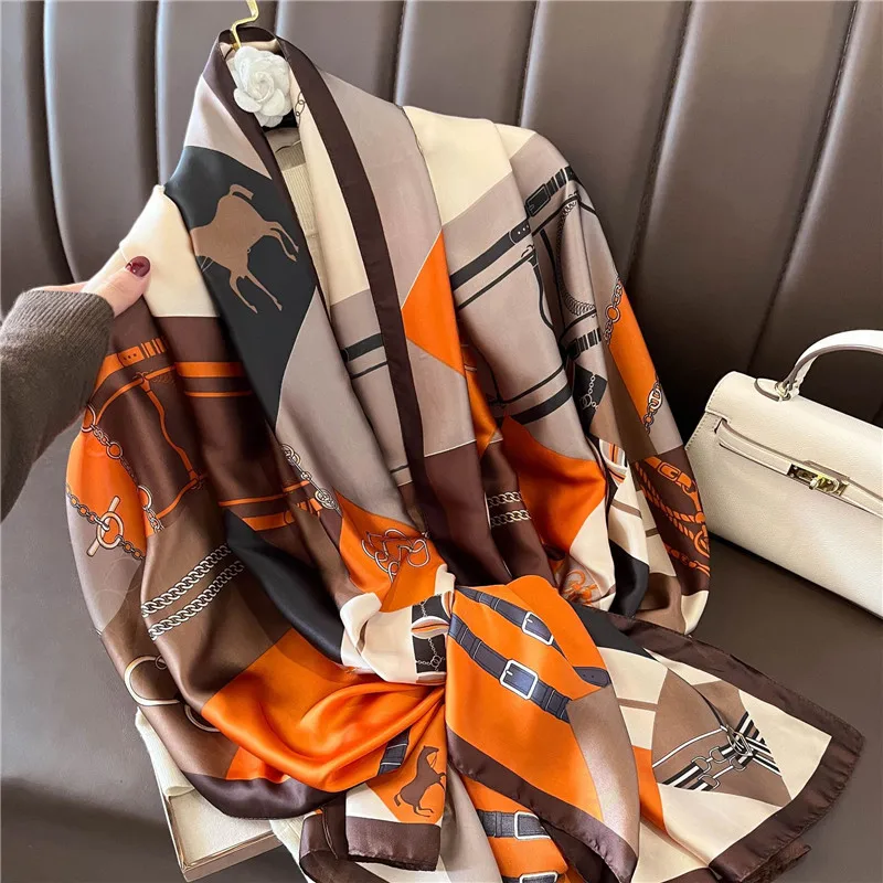 2022 Fashion Brand Women Silk Scarf Luxury Dark Green Aztec Floral Pashmina Shawls Wrap Soft Foulard Femme Muslim Hijab 180*90Cm