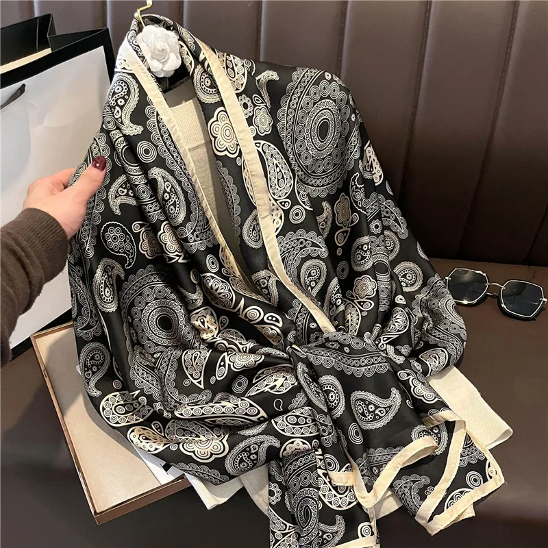 2022 Fashion Brand Women Silk Scarf Luxury Dark Green Aztec Floral Pashmina Shawls Wrap Soft Foulard Femme Muslim Hijab 180*90Cm