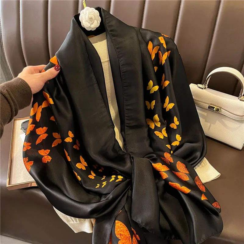 2022 Fashion Brand Women Silk Scarf Luxury Dark Green Aztec Floral Pashmina Shawls Wrap Soft Foulard Femme Muslim Hijab 180*90Cm
