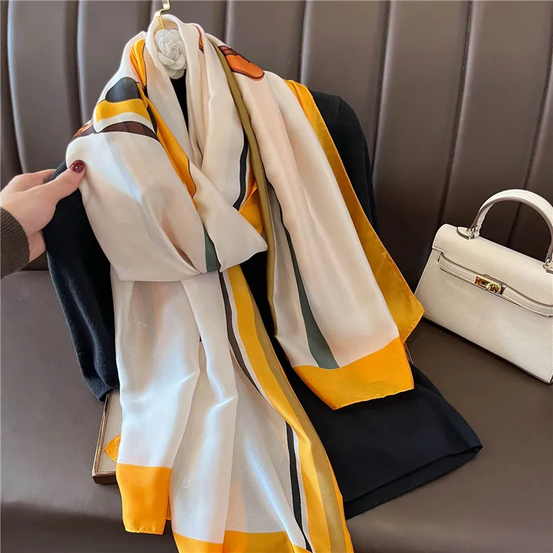 2022 Fashion Brand Women Silk Scarf Luxury Dark Green Aztec Floral Pashmina Shawls Wrap Soft Foulard Femme Muslim Hijab 180*90Cm
