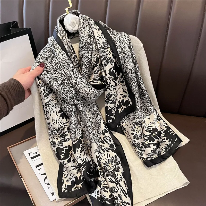 2022 Fashion Brand Women Silk Scarf Luxury Dark Green Aztec Floral Pashmina Shawls Wrap Soft Foulard Femme Muslim Hijab 180*90Cm