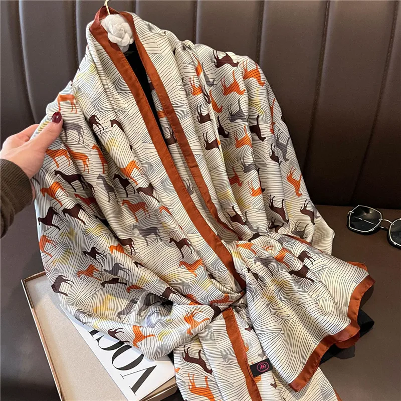 2022 Fashion Brand Women Silk Scarf Luxury Dark Green Aztec Floral Pashmina Shawls Wrap Soft Foulard Femme Muslim Hijab 180*90Cm