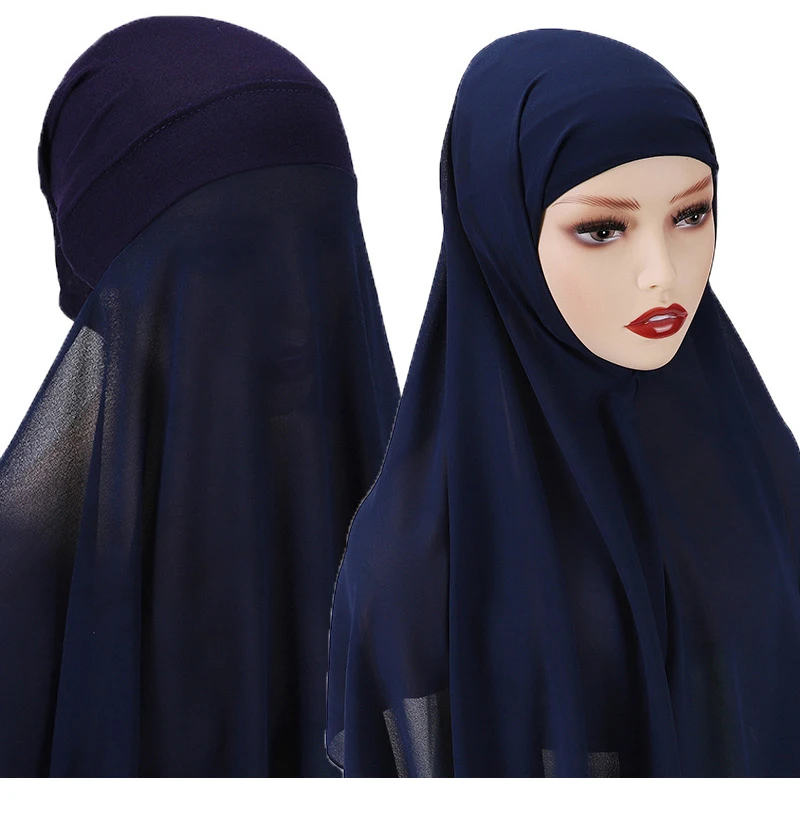 Instant Hijabs With Cap Plain Chiffon Jersey Hijabs For Woman Veil Muslim Islamic Hijab Cap Scarf For Women's Hijabs Headscarf