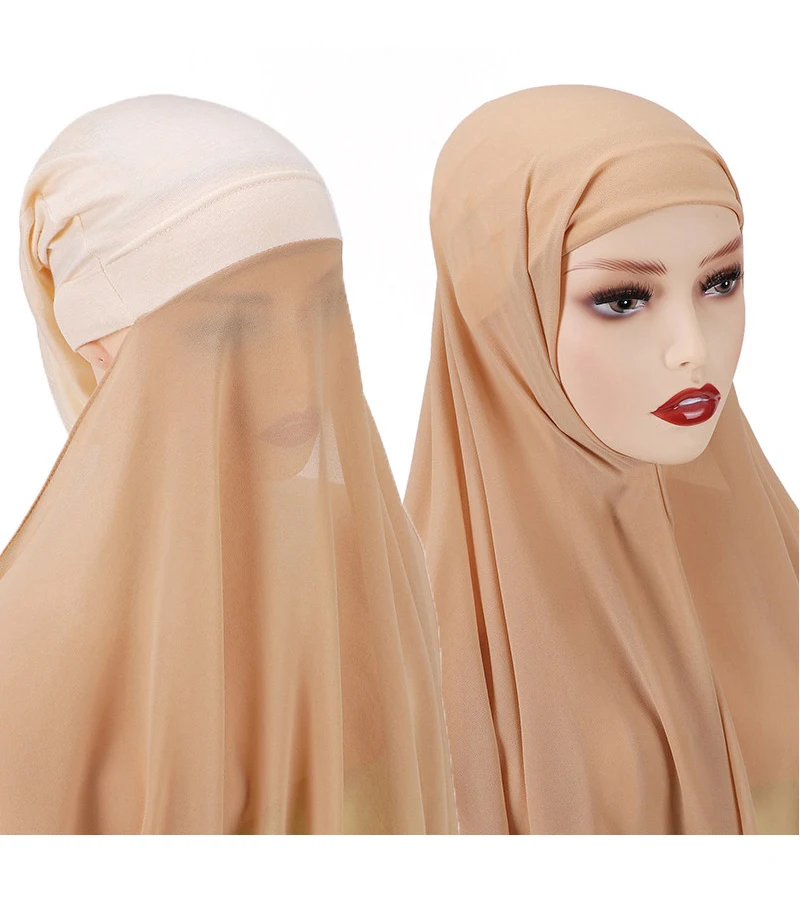 Instant Hijabs With Cap Plain Chiffon Jersey Hijabs For Woman Veil Muslim Islamic Hijab Cap Scarf For Women's Hijabs Headscarf