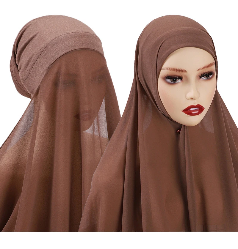 Instant Hijabs With Cap Plain Chiffon Jersey Hijabs For Woman Veil Muslim Islamic Hijab Cap Scarf For Women's Hijabs Headscarf