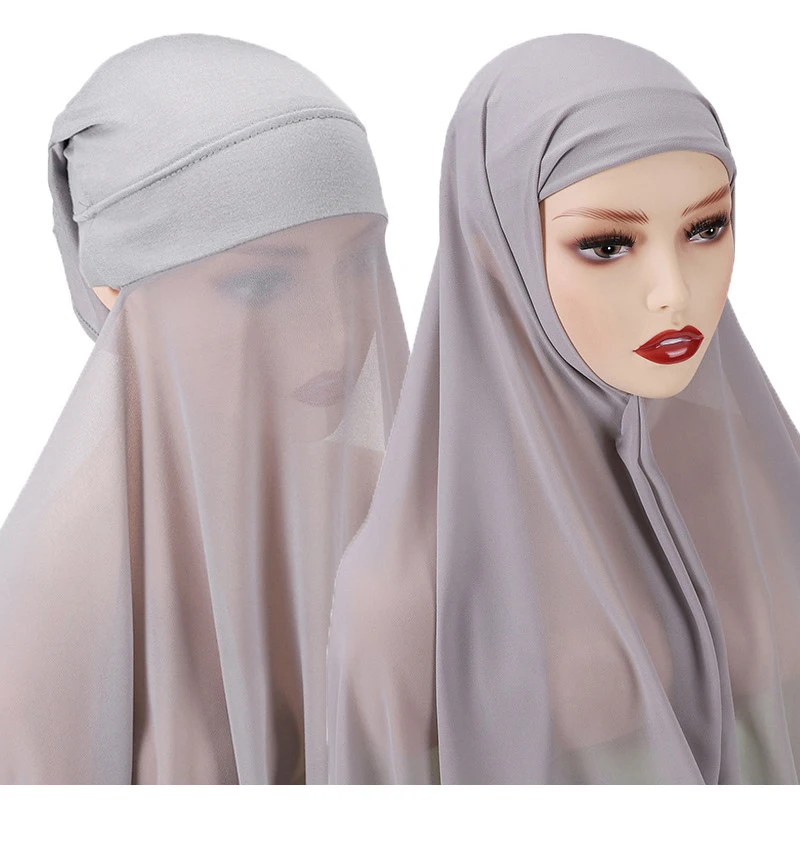 Instant Hijabs With Cap Plain Chiffon Jersey Hijabs For Woman Veil Muslim Islamic Hijab Cap Scarf For Women's Hijabs Headscarf