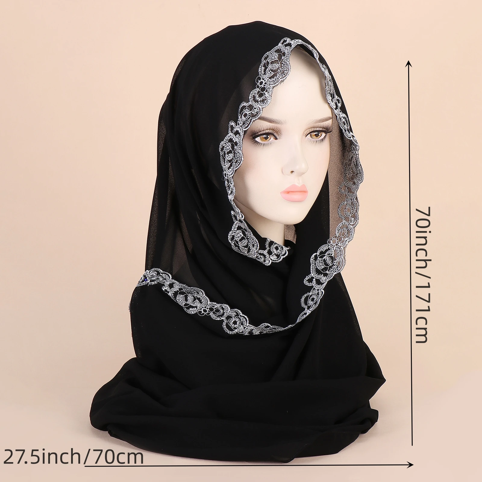 Popular Embroidered Scarf Muslim Headband Solid Chiffon Versatile Hijab Women's