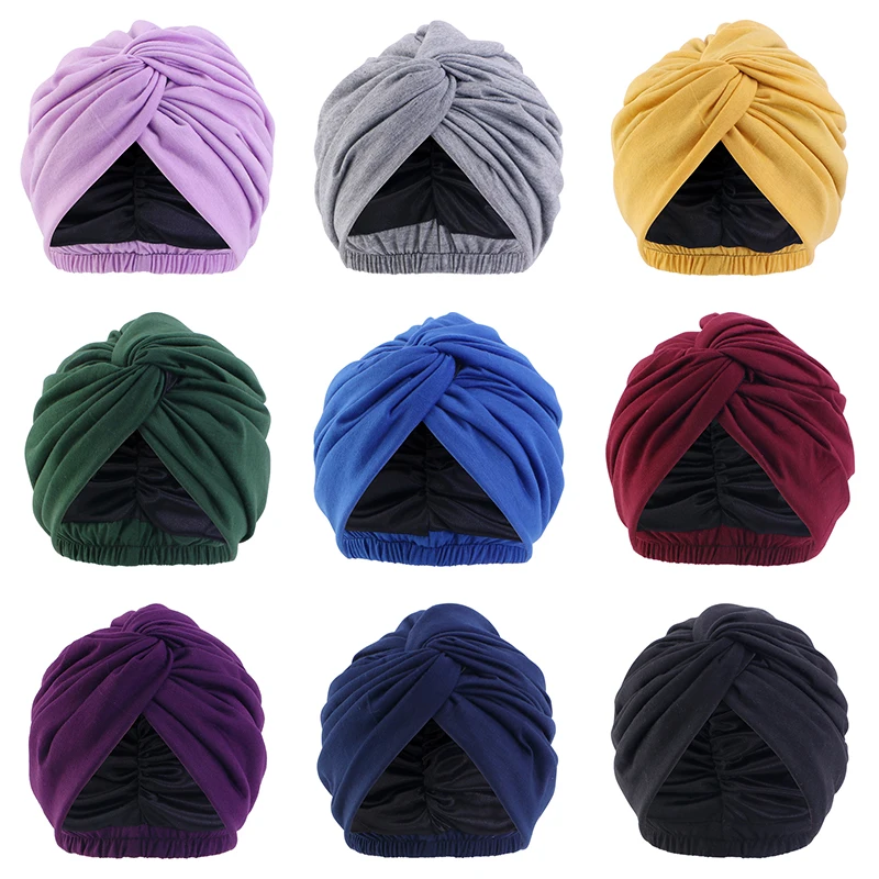 Women Double Layer Satin Linning Stretch Turban Hat Cross Ruffle Chemo Sleep Cap Twist Bandanas Muslim Hijab Headscarf India Hat Women Double Layer Satin Linning Stretch Turban Hat Cross Ruffle Chemo Sleep Cap Twist Bandanas Muslim Hijab Headscarf India Hat