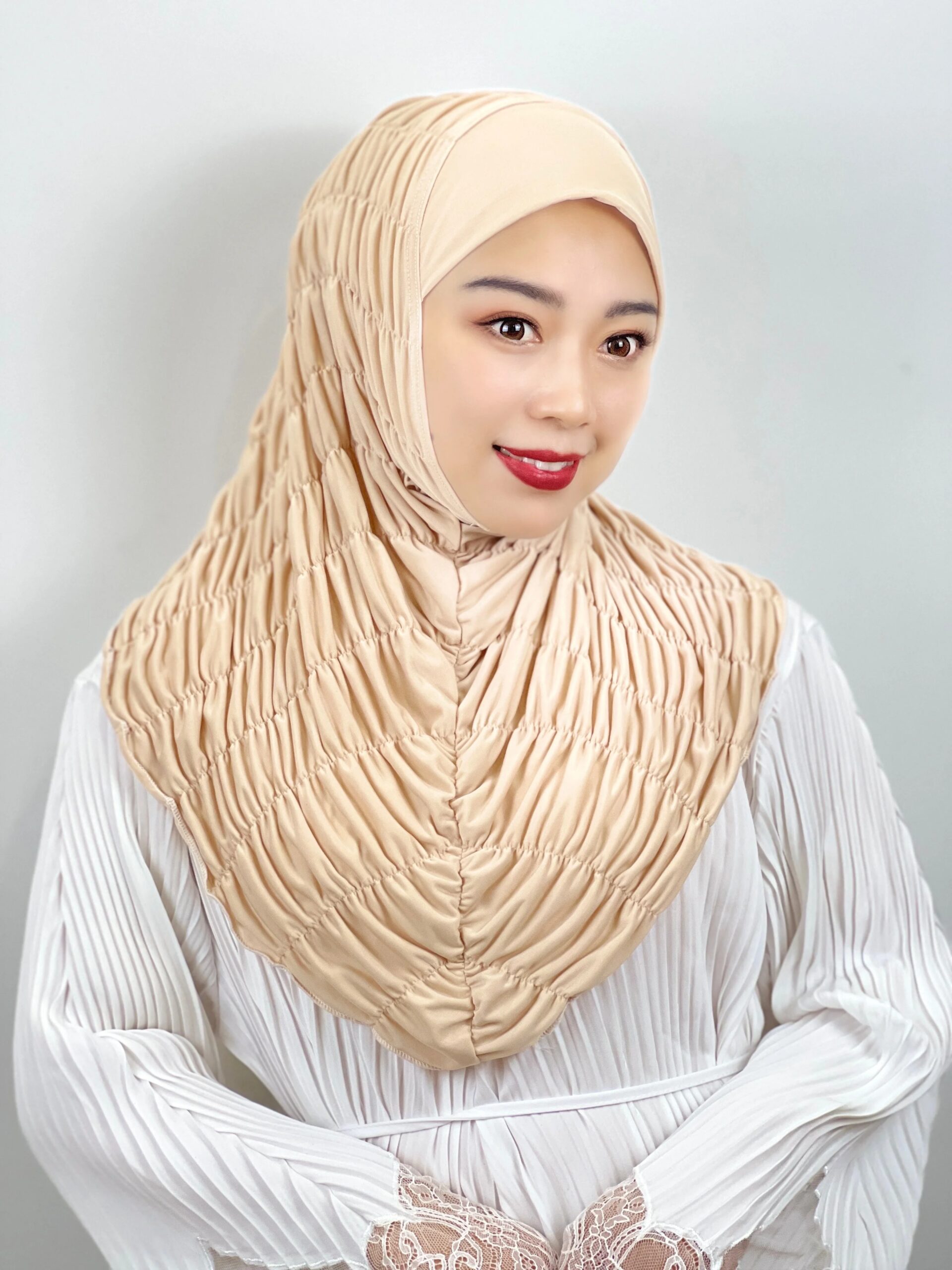 Muslim Pleated Hijab Women's Solid Headscarf Windproof Full Wrap Elegant Scarf Women's Comfortable Easy Muslim Pullover Hat