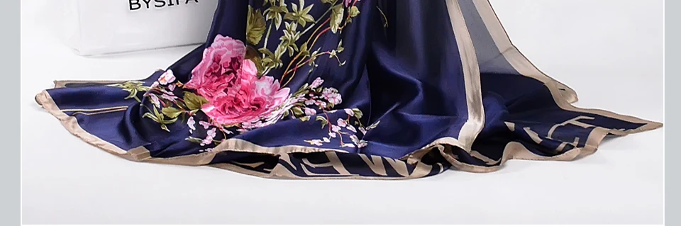 [BYSIFA]  Grey Blue Silk Scarf Shawl Spring Winter Fashion Women Scarves Hijabs Summer Elegant Peony Design Ladies Beach Shawls