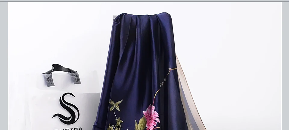 [BYSIFA]  Grey Blue Silk Scarf Shawl Spring Winter Fashion Women Scarves Hijabs Summer Elegant Peony Design Ladies Beach Shawls