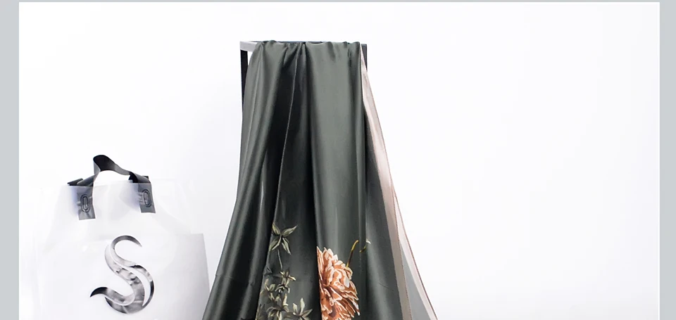 [BYSIFA]  Grey Blue Silk Scarf Shawl Spring Winter Fashion Women Scarves Hijabs Summer Elegant Peony Design Ladies Beach Shawls