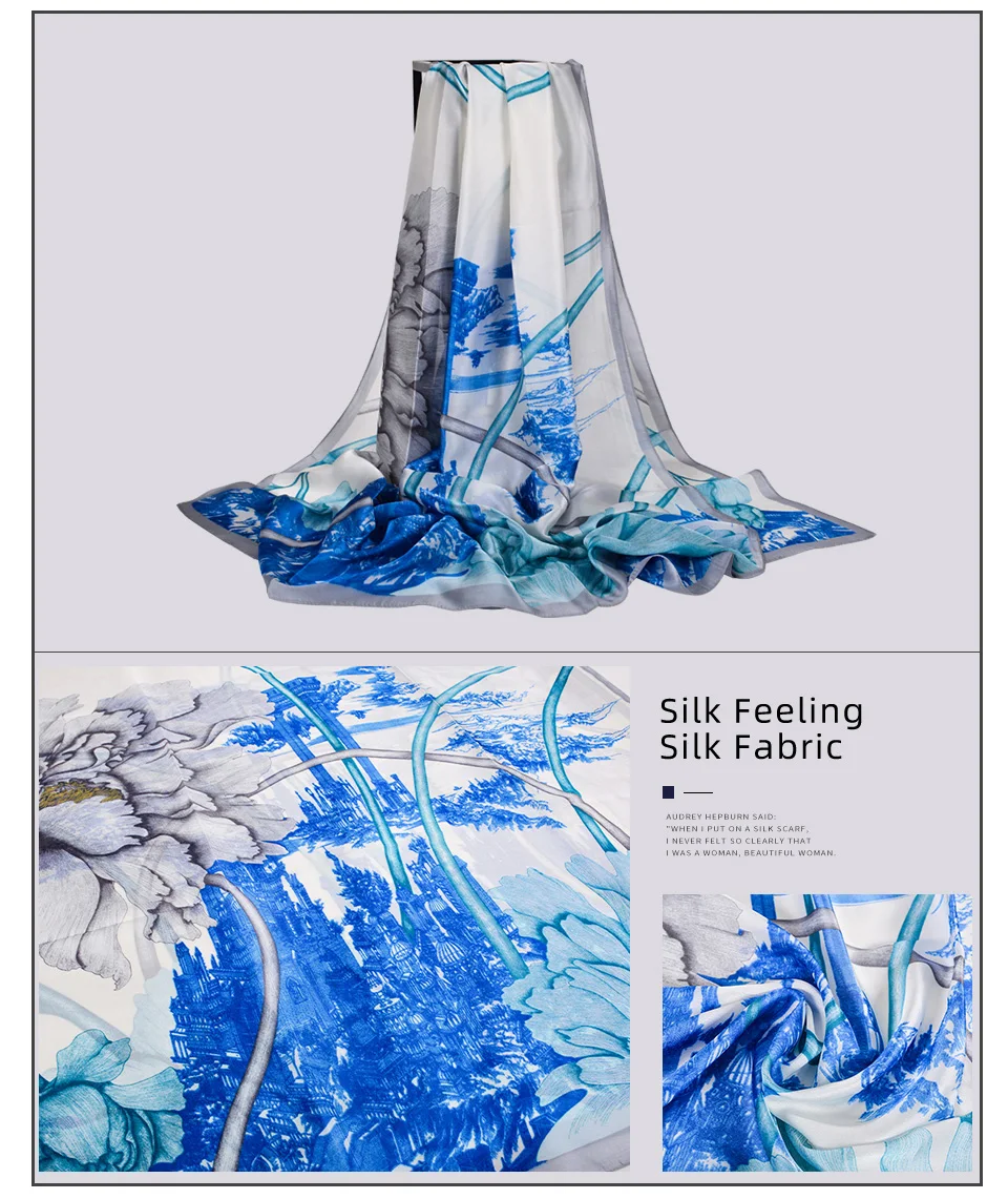 [BYSIFA]  Grey Blue Silk Scarf Shawl Spring Winter Fashion Women Scarves Hijabs Summer Elegant Peony Design Ladies Beach Shawls