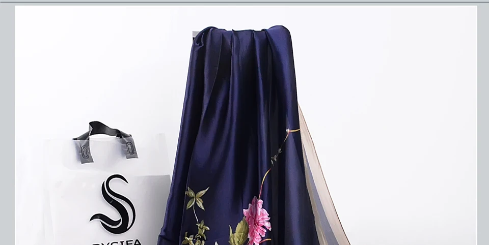 [BYSIFA]  Grey Blue Silk Scarf Shawl Spring Winter Fashion Women Scarves Hijabs Summer Elegant Peony Design Ladies Beach Shawls