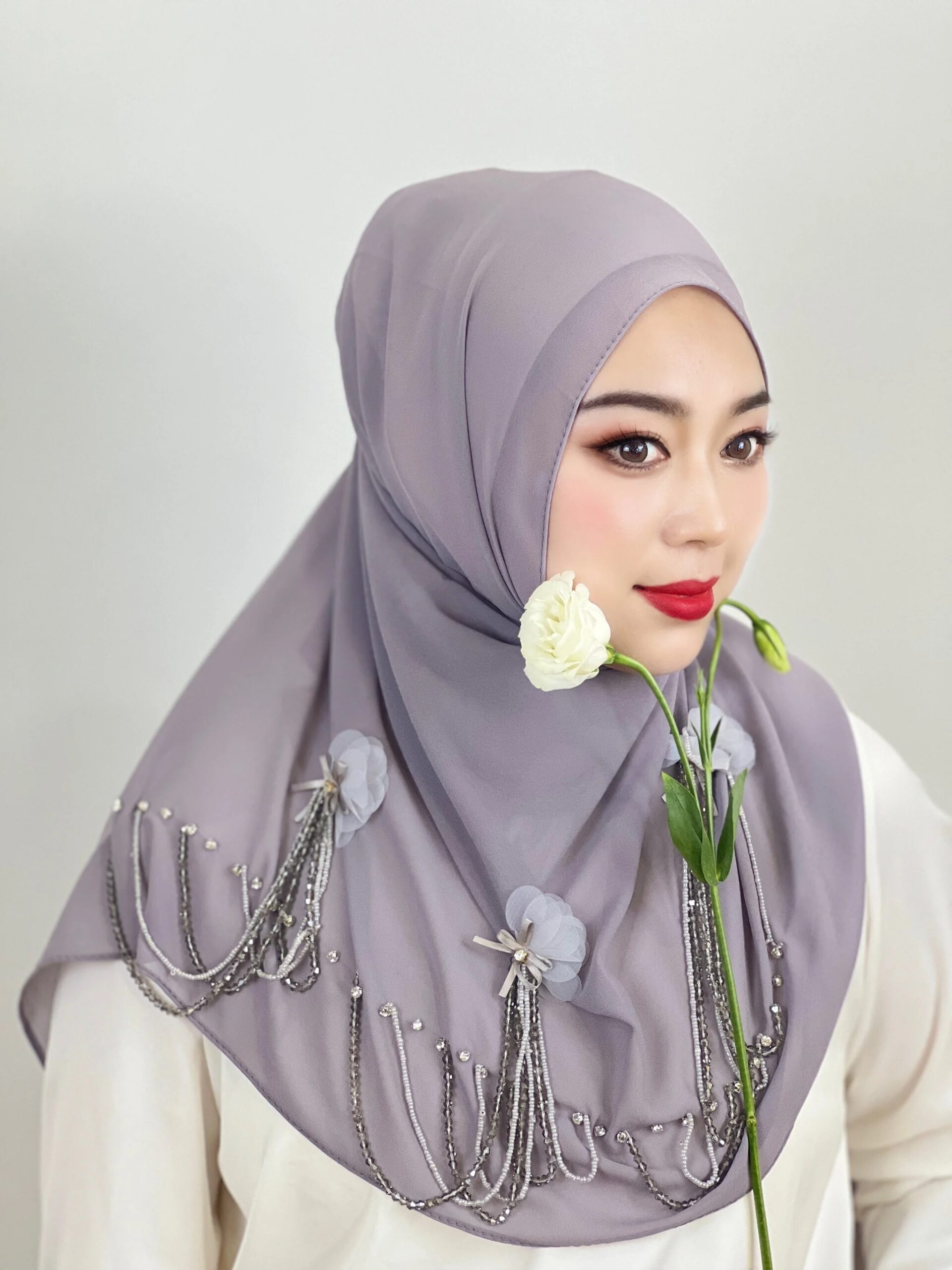 Muslim Beaded Tassel Hijab Solid Color Hijab Flower Arab Hijab Women Hijab Shiny Soft Easy To Wear Hijab Turkish Head Wrap Scarf