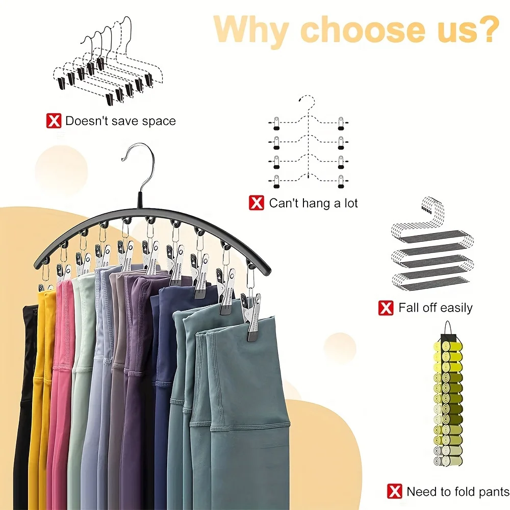 1/2/3PCS Closet Storage Hanger with 10 ClipsHangs 40 Pairs of LeggingsBlack HangerSpace-Saving Hanging Closet Organizer