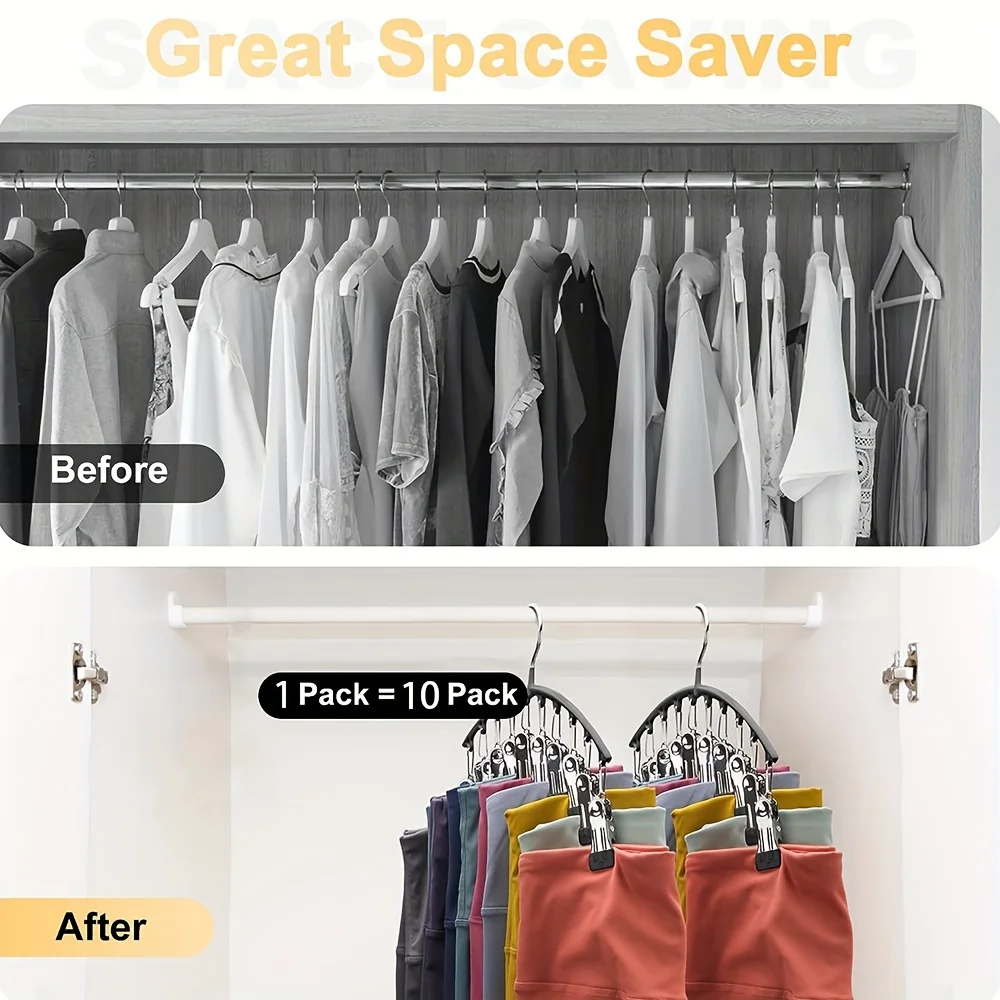1/2/3PCS Closet Storage Hanger with 10 ClipsHangs 40 Pairs of LeggingsBlack HangerSpace-Saving Hanging Closet Organizer
