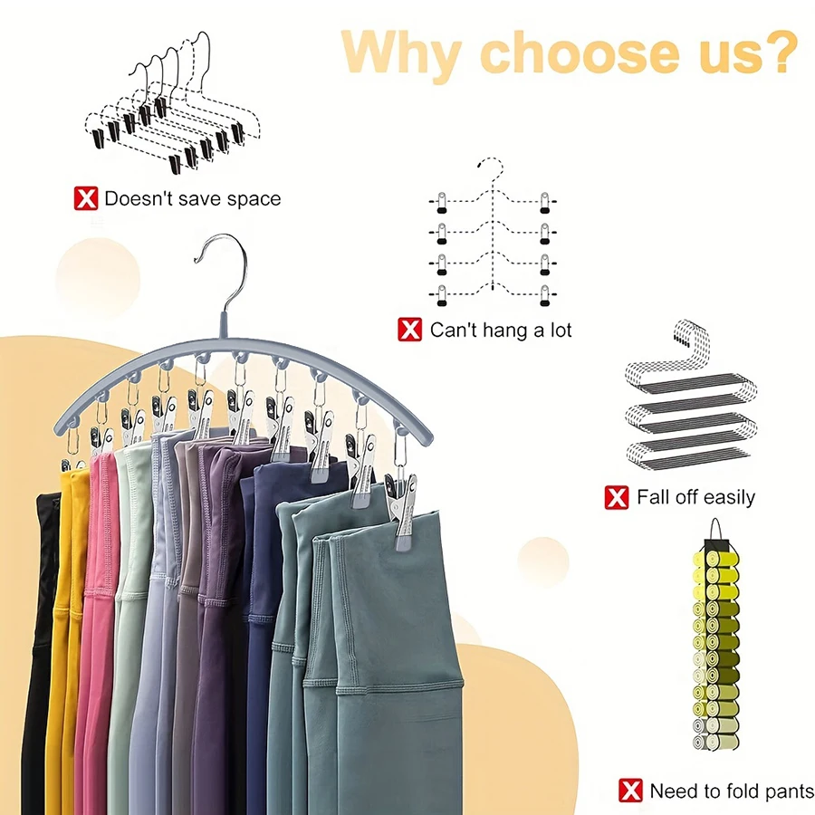 1/2/3PCS Closet Storage Hanger with 10 ClipsHangs 40 Pairs of LeggingsBlack HangerSpace-Saving Hanging Closet Organizer