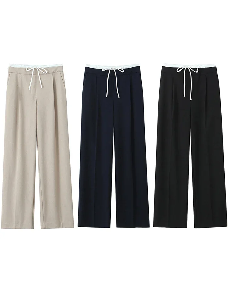 Willshela Women Fashion Solid Lace Up Side Zipper Straight Pants Vintage High Elastic Waist Female Chic Lady Trousers Willshela Women Fashion Solid Lace Up Side Zipper Straight Pants Vintage High Elastic Waist Female Chic Lady Trousers