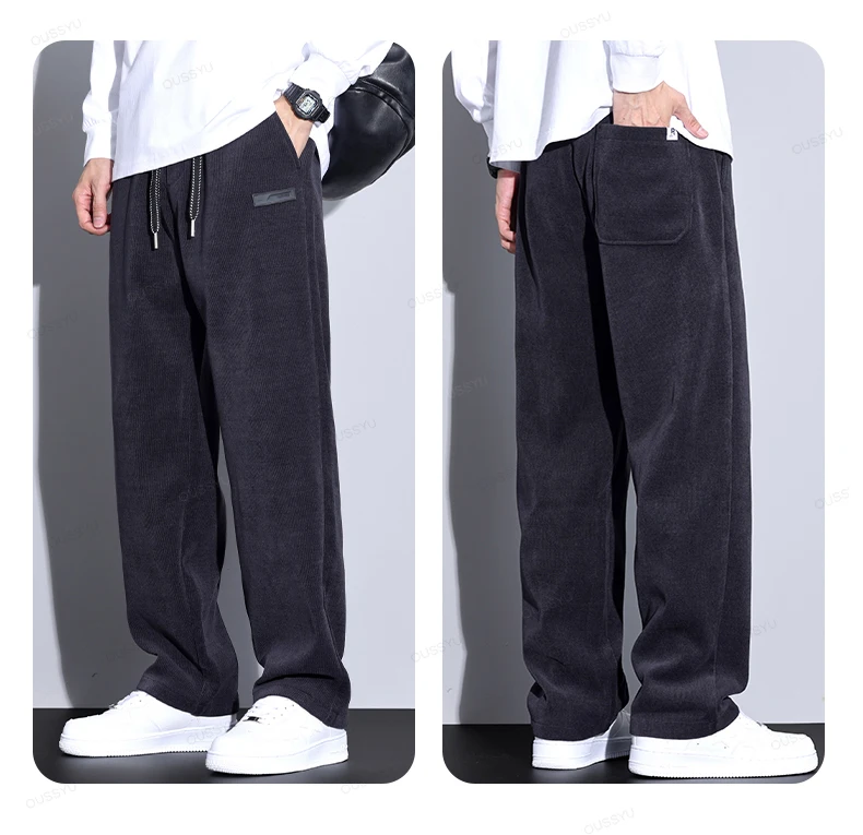 Autumn Winter Stretch Corduroy Pants Men Thick Elastic Waist Korea Baggy Straight Jogger Outdoors Trousers Male Large Size M-5XL