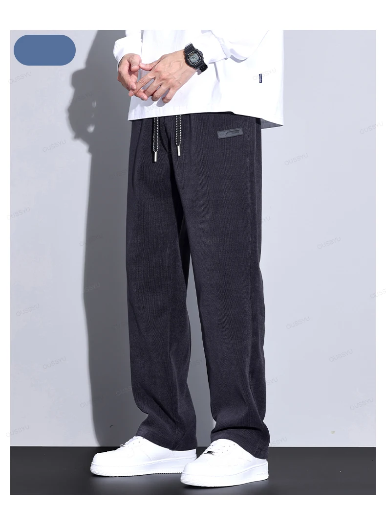 Autumn Winter Stretch Corduroy Pants Men Thick Elastic Waist Korea Baggy Straight Jogger Outdoors Trousers Male Large Size M-5XL
