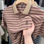 Luxury brand striped rhinestone short sleeve T-shirt men's lapel casual top summer trend ice silk breathable business polo shirt