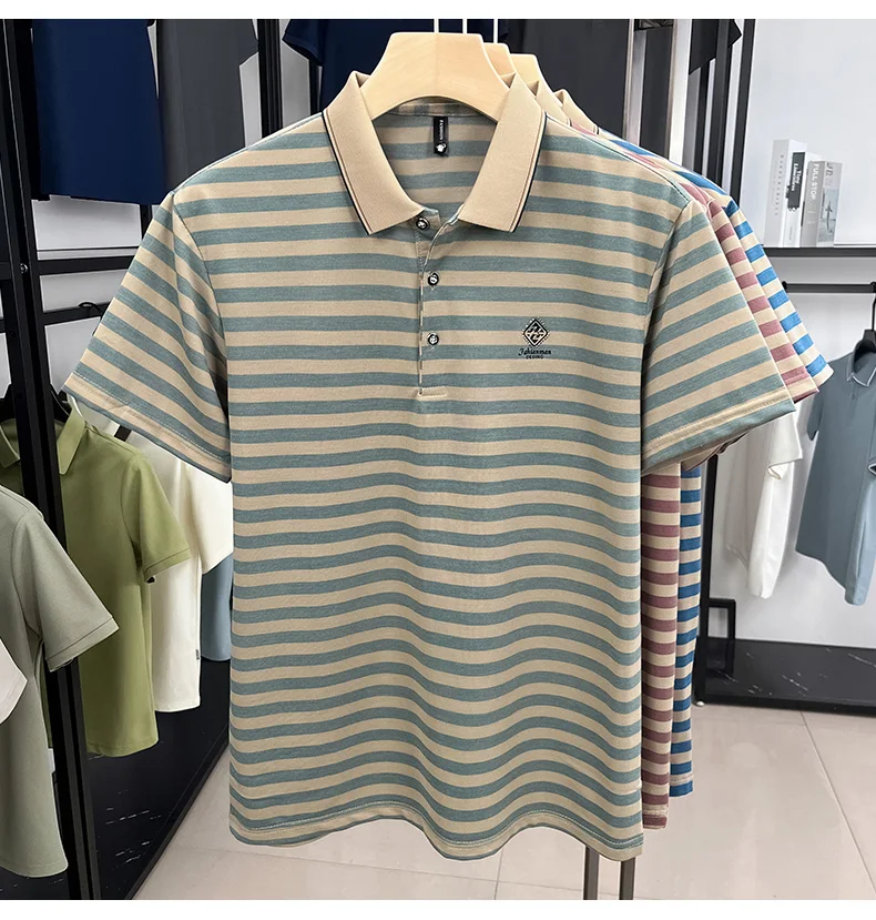 Luxury brand striped rhinestone short sleeve T-shirt men's lapel casual top summer trend ice silk breathable business polo shirt