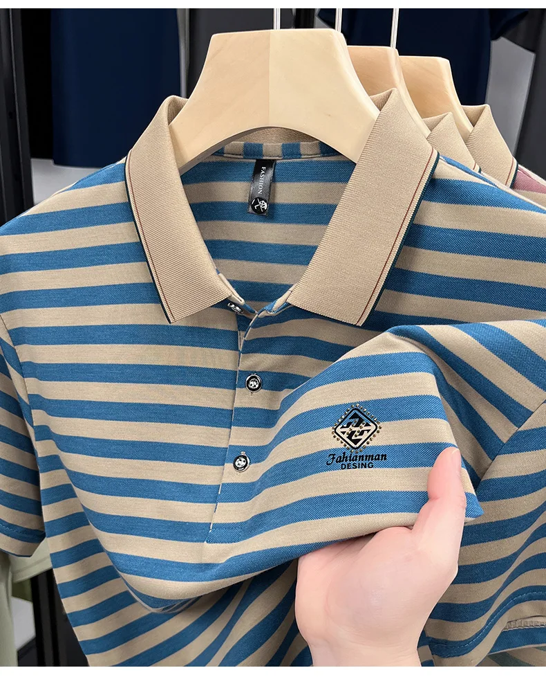 Luxury brand striped rhinestone short sleeve T-shirt men's lapel casual top summer trend ice silk breathable business polo shirt