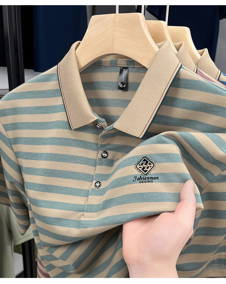 Luxury brand striped rhinestone short sleeve T-shirt men's lapel casual top summer trend ice silk breathable business polo shirt