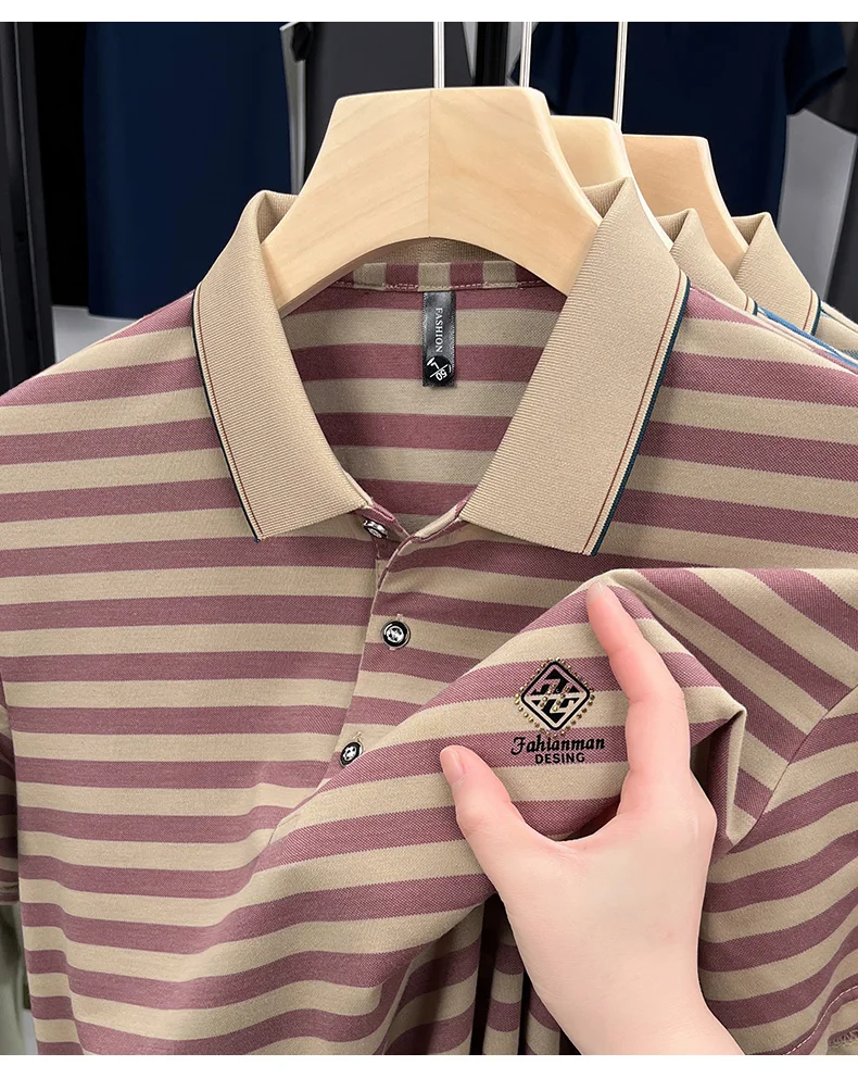 Luxury brand striped rhinestone short sleeve T-shirt men's lapel casual top summer trend ice silk breathable business polo shirt
