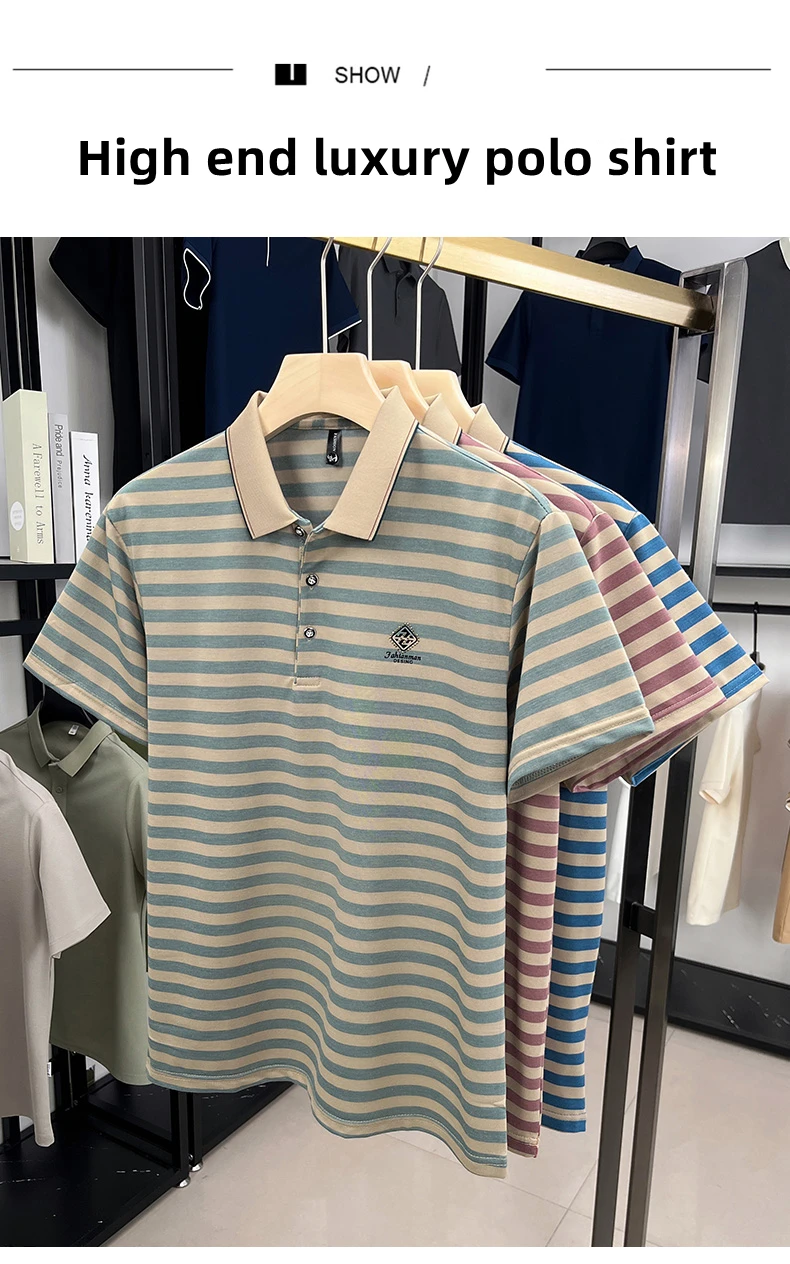 Luxury brand striped rhinestone short sleeve T-shirt men's lapel casual top summer trend ice silk breathable business polo shirt