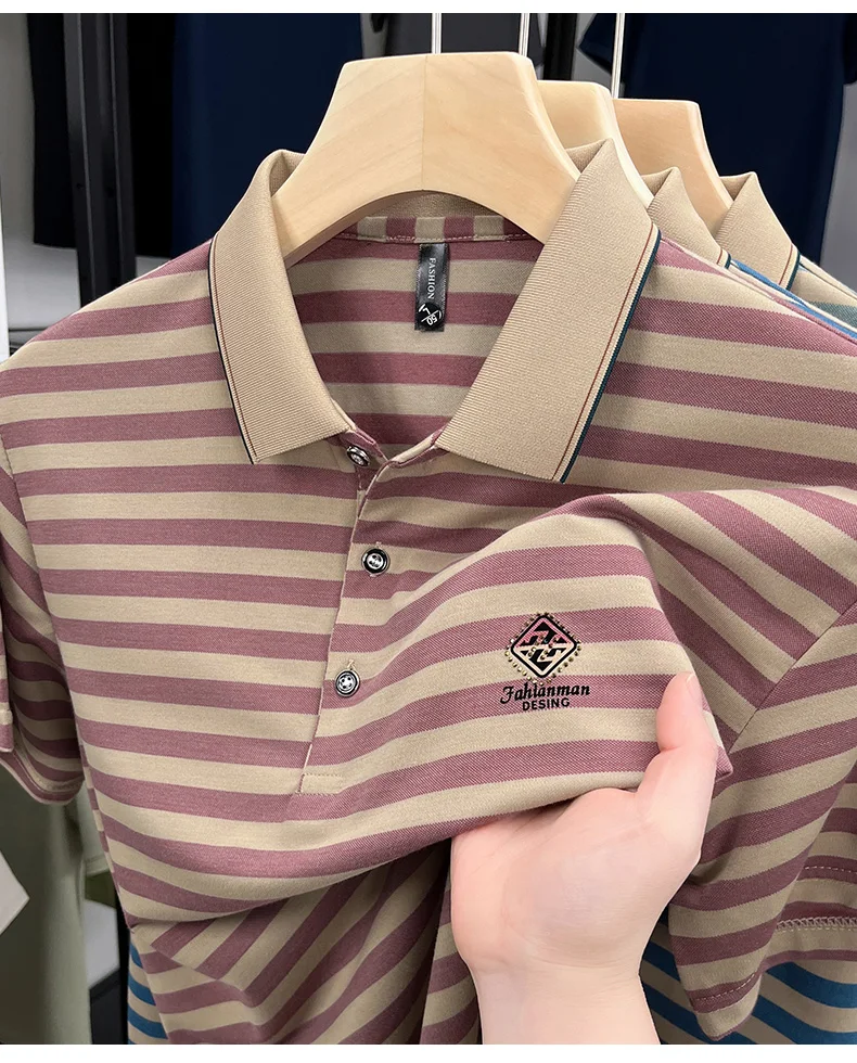 Luxury brand striped rhinestone short sleeve T-shirt men's lapel casual top summer trend ice silk breathable business polo shirt