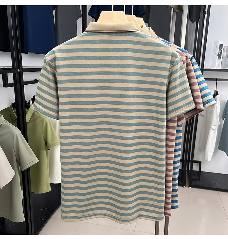 Luxury brand striped rhinestone short sleeve T-shirt men's lapel casual top summer trend ice silk breathable business polo shirt