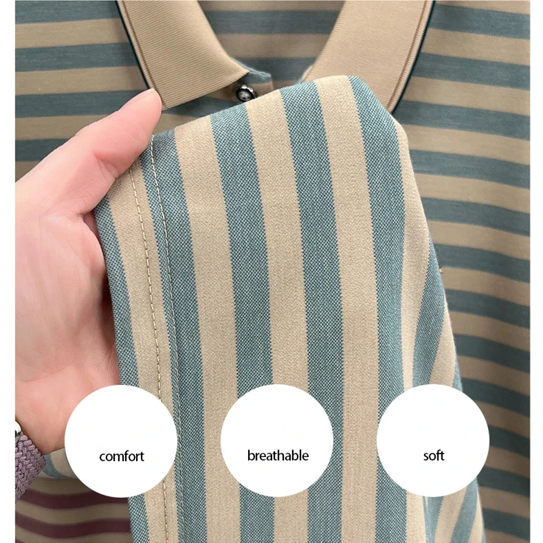 Luxury brand striped rhinestone short sleeve T-shirt men's lapel casual top summer trend ice silk breathable business polo shirt