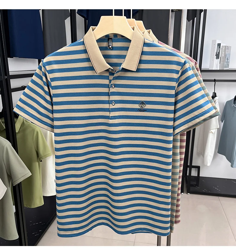 Luxury brand striped rhinestone short sleeve T-shirt men's lapel casual top summer trend ice silk breathable business polo shirt