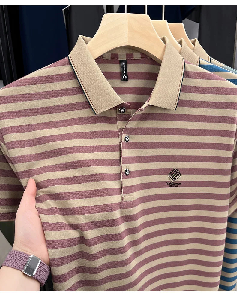 Luxury brand striped rhinestone short sleeve T-shirt men's lapel casual top summer trend ice silk breathable business polo shirt