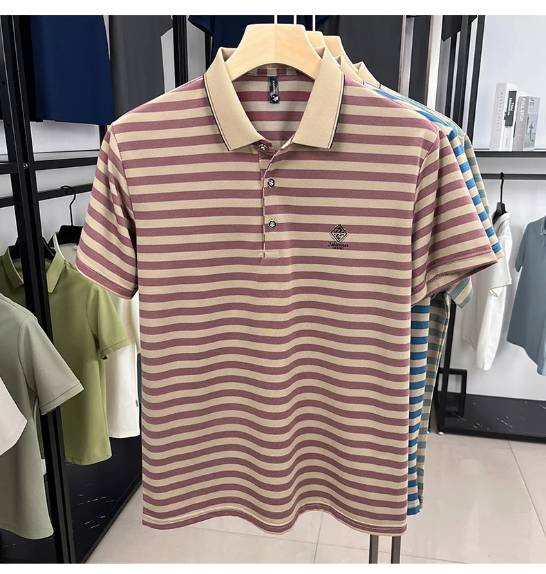 Luxury brand striped rhinestone short sleeve T-shirt men's lapel casual top summer trend ice silk breathable business polo shirt