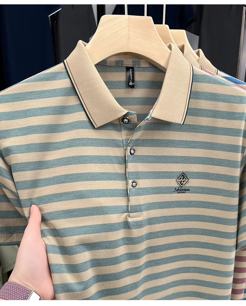 Luxury brand striped rhinestone short sleeve T-shirt men's lapel casual top summer trend ice silk breathable business polo shirt