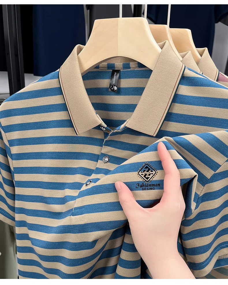 Luxury brand striped rhinestone short sleeve T-shirt men's lapel casual top summer trend ice silk breathable business polo shirt