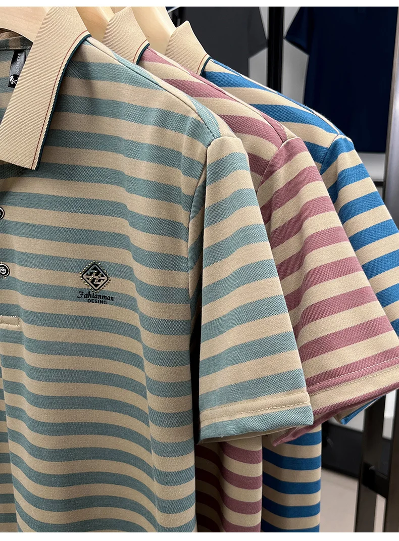 Luxury brand striped rhinestone short sleeve T-shirt men's lapel casual top summer trend ice silk breathable business polo shirt
