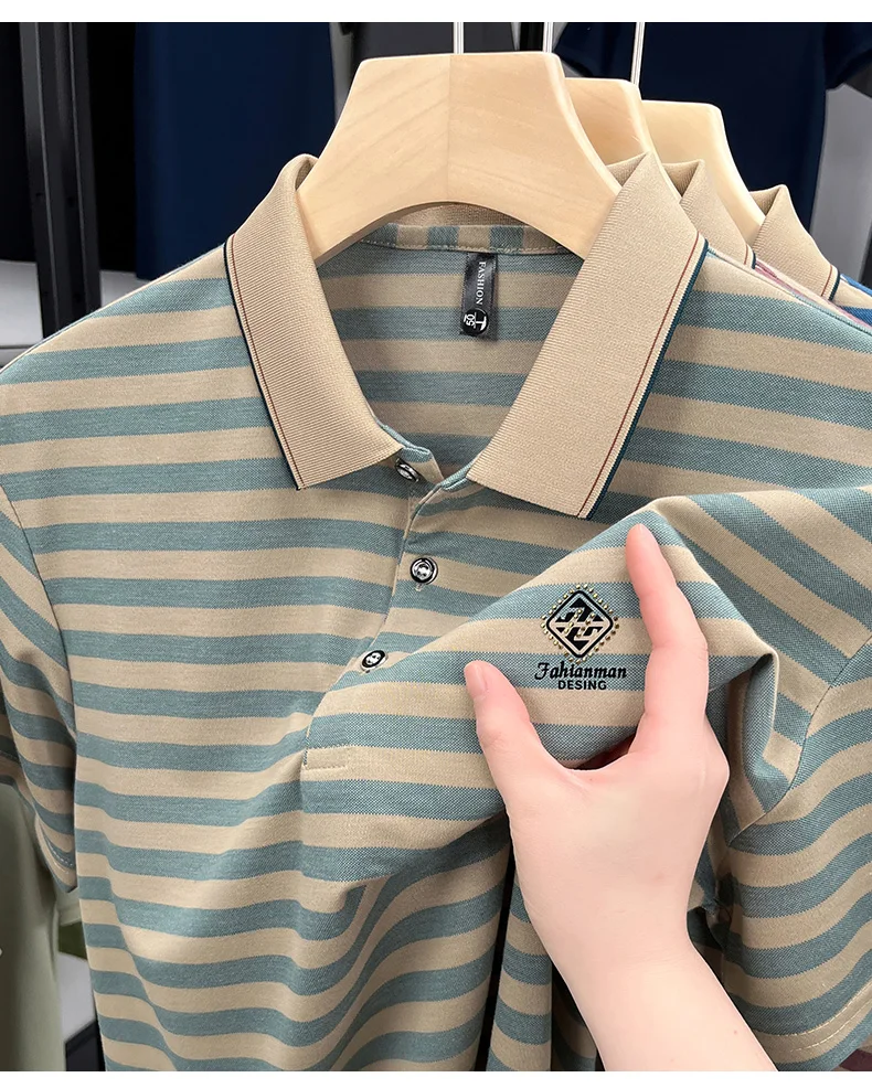 Luxury brand striped rhinestone short sleeve T-shirt men's lapel casual top summer trend ice silk breathable business polo shirt