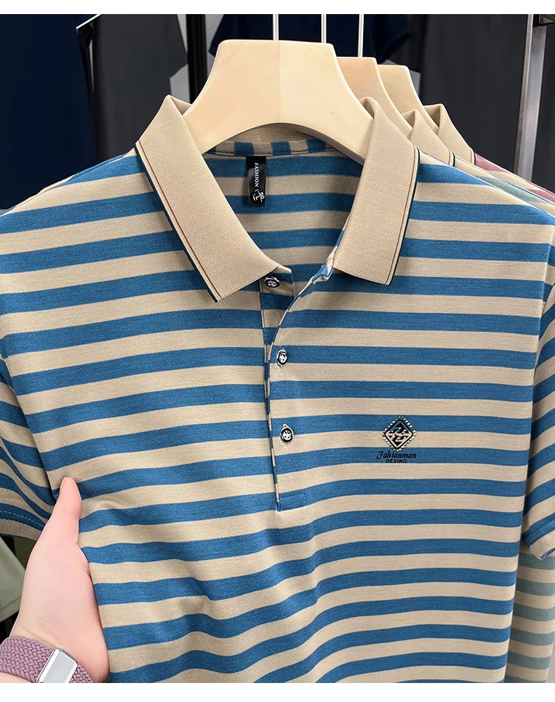 Luxury brand striped rhinestone short sleeve T-shirt men's lapel casual top summer trend ice silk breathable business polo shirt