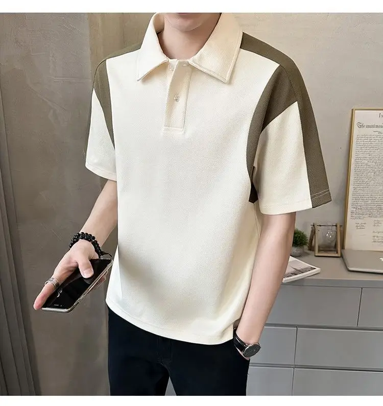 Men Clothing Summer Fashion Contrast Color Patchwork Breathable Polo T Shirt Male Simple Casual Short Sleeve Loose Cotton Tops