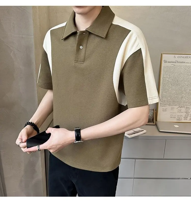 Men Clothing Summer Fashion Contrast Color Patchwork Breathable Polo T Shirt Male Simple Casual Short Sleeve Loose Cotton Tops