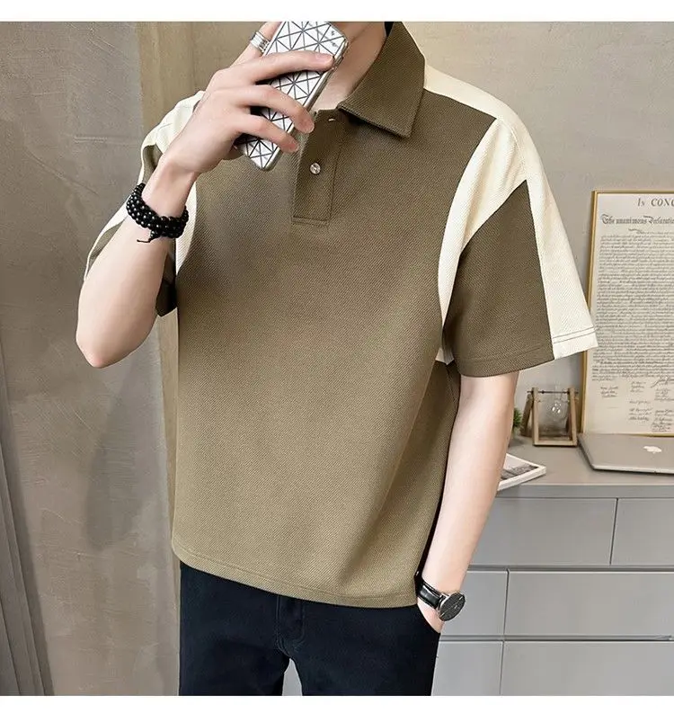 Men Clothing Summer Fashion Contrast Color Patchwork Breathable Polo T Shirt Male Simple Casual Short Sleeve Loose Cotton Tops