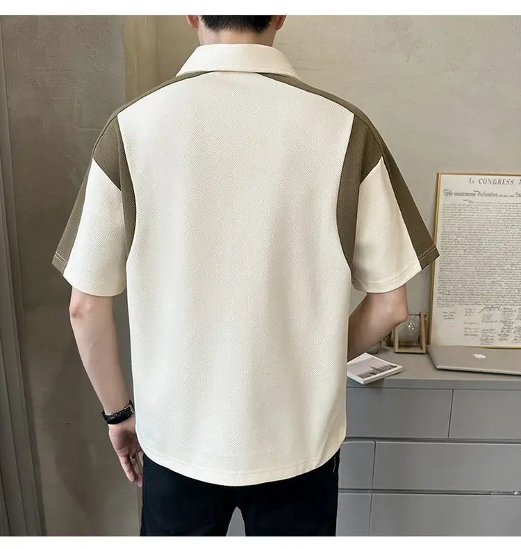 Men Clothing Summer Fashion Contrast Color Patchwork Breathable Polo T Shirt Male Simple Casual Short Sleeve Loose Cotton Tops