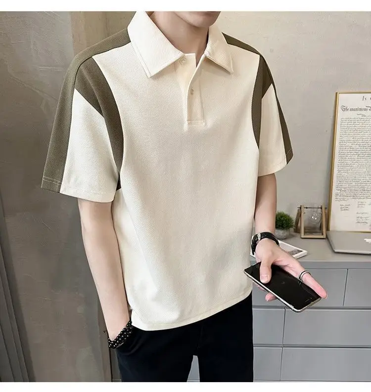 Men Clothing Summer Fashion Contrast Color Patchwork Breathable Polo T Shirt Male Simple Casual Short Sleeve Loose Cotton Tops