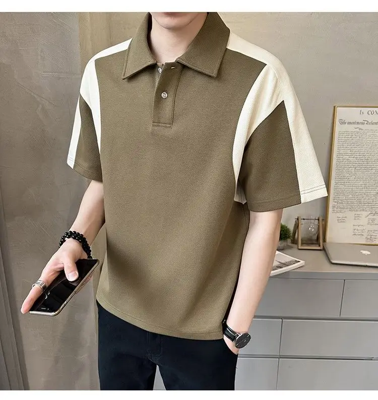 Men Clothing Summer Fashion Contrast Color Patchwork Breathable Polo T Shirt Male Simple Casual Short Sleeve Loose Cotton Tops