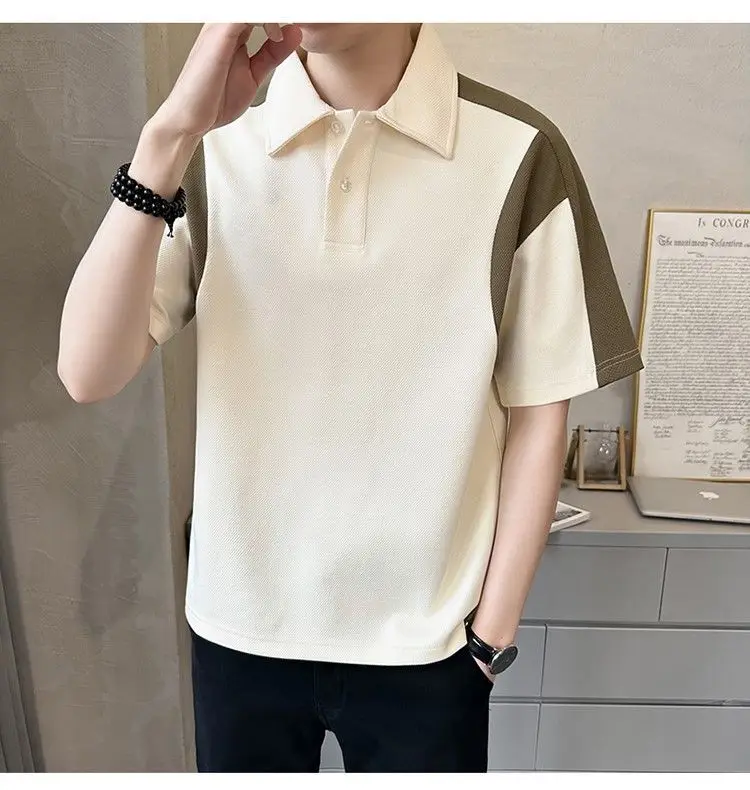 Men Clothing Summer Fashion Contrast Color Patchwork Breathable Polo T Shirt Male Simple Casual Short Sleeve Loose Cotton Tops